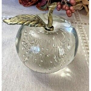 Vintage Apple Paperweight Art Glass Controlled Bubbles Brass Stem And Leaf